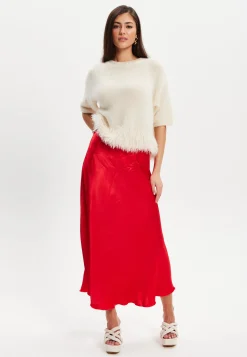 Women's Midi Length Red Satin Bias Cut Skirt with Elasticated Waist – Regular Fit, 100% Viscose, Liquorish