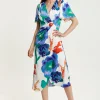 Women's Midi Wrap Dress - White Floral Print with Short Sleeves, Front Slit & Flattering Fit - Liquorish