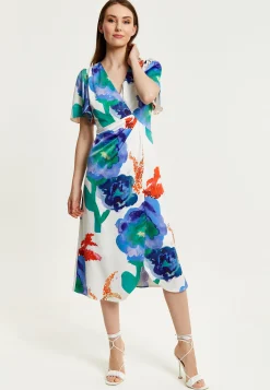Women's Midi Wrap Dress - White Floral Print with Short Sleeves, Front Slit & Flattering Fit - Liquorish
