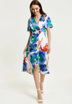 Women's Midi Wrap Dress - White Floral Print with Short Sleeves, Front Slit & Flattering Fit - Liquorish