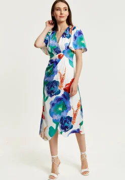 Women's Midi Wrap Dress - White Floral Print with Short Sleeves, Front Slit & Flattering Fit - Liquorish