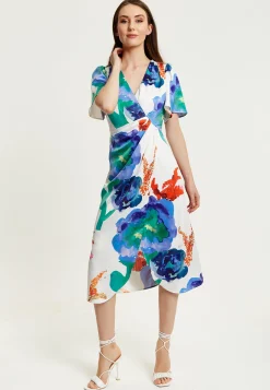 Women's Midi Wrap Dress - White Floral Print with Short Sleeves, Front Slit & Flattering Fit - Liquorish
