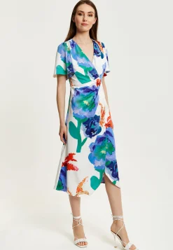 Women's Midi Wrap Dress - White Floral Print with Short Sleeves, Front Slit & Flattering Fit - Liquorish