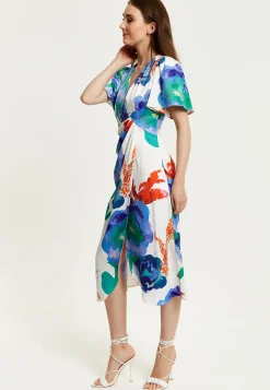 Women's Midi Wrap Dress - White Floral Print with Short Sleeves, Front Slit & Flattering Fit - Liquorish