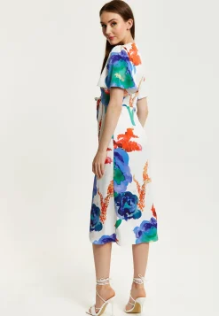 Women's Midi Wrap Dress - White Floral Print with Short Sleeves, Front Slit & Flattering Fit - Liquorish