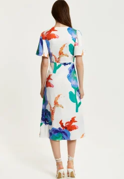 Women's Midi Wrap Dress - White Floral Print with Short Sleeves, Front Slit & Flattering Fit - Liquorish
