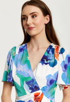 Women's Midi Wrap Dress - White Floral Print with Short Sleeves, Front Slit & Flattering Fit - Liquorish