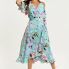 Women's Midi Wrap Dress in Blue Abstract Print with Cold Shoulders and Tie Waist - Elegant Style by Liquorish