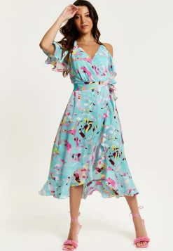 Women's Midi Wrap Dress in Blue Abstract Print with Cold Shoulders and Tie Waist - Elegant Style by Liquorish