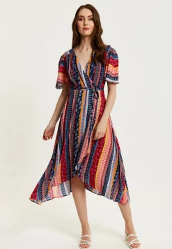 Women's Midi Wrap Dress in Multicolour with Short Sleeves and Paisley Print - Elegant V Neck Design by Liquorish