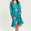 Women's Midi Wrap Dress in Green with Long Sleeve Slits, V Neck Style - Floral Print by Liquorish