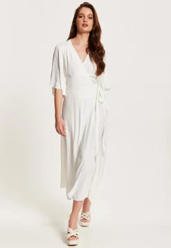 Women's Midi Wrap Dress in White - Short Kimono Sleeves with Matching Tie Waist for a Flattering Fit by Liquorish