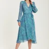Women's Midi Wrap Dress in Blue with Long Sleeves, Animal Print Design and Tie Waist by Liquorish