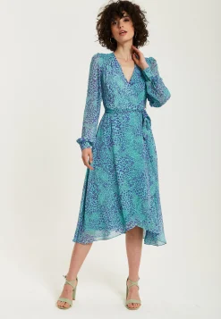Women's Midi Wrap Dress in Blue with Long Sleeves, Animal Print Design and Tie Waist by Liquorish