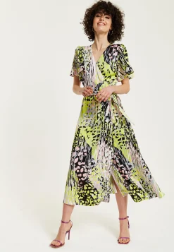 Women's Midi Wrap Dress in Vibrant Multicolour Abstract Print with Short Sleeves - Liquorish