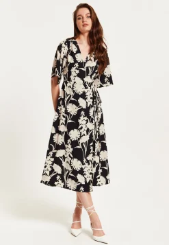 Women's Midi Wrap Dress in Floral Print with Kimono Sleeves - V Neck, Tie Waist, Adjustable Fit - Liquorish