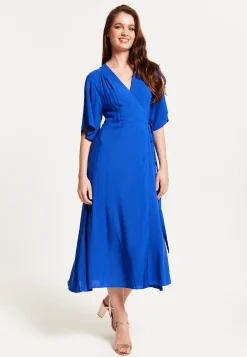 Women's Midi Wrap Dress in Royal Blue with Kimono Sleeves and Matching Tie Waist - Liquorish