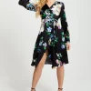 Women's Midi Wrap Dress in Black with Long Balloon Sleeves Featuring Floral Print by Liquorish