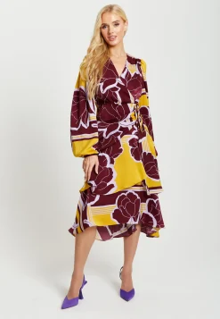 Women's Midi Wrap Dress in Mustard and Burgundy with Long Balloon Sleeves - Elegant Satin by Liquorish