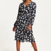 Women's Midi Wrap Dress in Navy with Long Sleeves and Floral & Bird Print - Chic Style by Liquorish