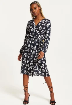 Women's Midi Wrap Dress in Navy with Long Sleeves and Floral & Bird Print - Chic Style by Liquorish