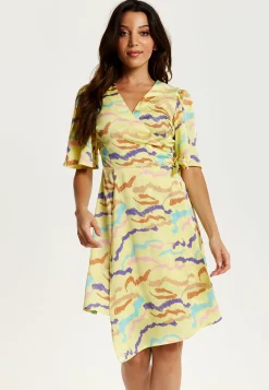 Women's Midi Wrap Dress in Yellow with Kimono Sleeves and Abstract Print - Stylish Design by Liquorish