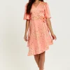 Women's Midi Wrap Dress in Peach with V-Neck, Side Tie, Kimono Sleeves - Stylish and Comfortable by Liquorish