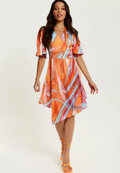 Women's Midi Wrap Dress in Orange with V Neck, Kimono Sleeves, and Abstract Print - Stylish Design by Liquorish