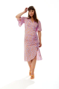 Women's Midi Wrap Dress in Lilac and Orange with Kimono Sleeves - Elegant Cheetah Print Design by Liquorish