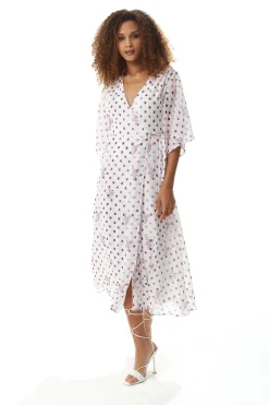 Women’s Midi Wrap Dress in White with Pink Floral & Polka Dots, V Neck, Kimono Sleeves - Liquorish