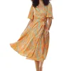 Women's Midi Wrap Dress in Orange Scribble Print with V Neck and Kimono Sleeves - Perfect for Weddings by Liquorish