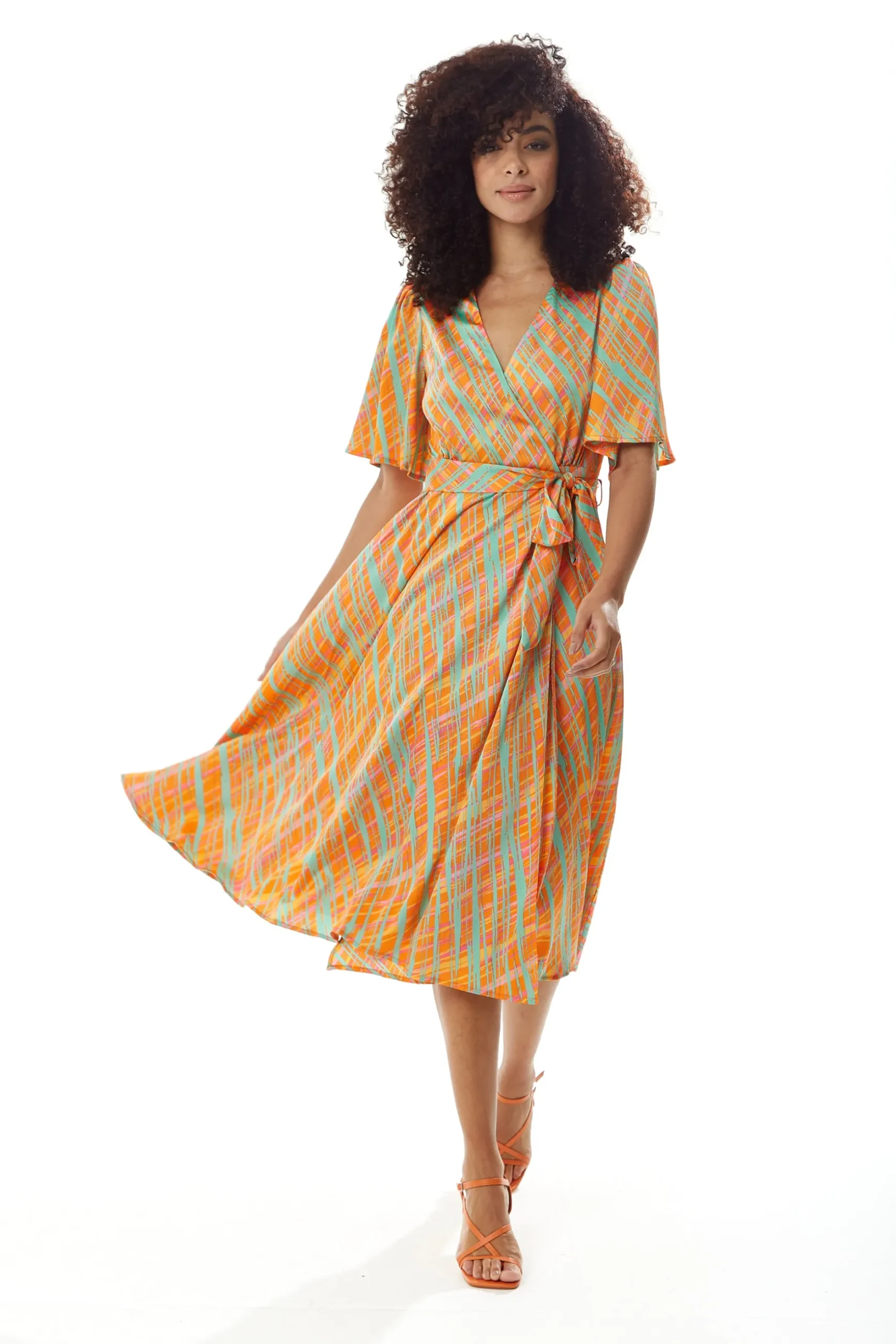 Women's Midi Wrap Dress in Orange Scribble Print with V Neck and Kimono Sleeves - Perfect for Weddings by Liquorish