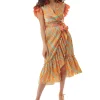 Women's Midi Wrap Dress in Orange Scribble Print with Frill Short Sleeves and Tie Waist - Elegant Wedding Style by Liquorish