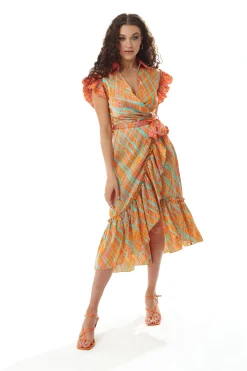 Women's Midi Wrap Dress in Orange Scribble Print with Frill Short Sleeves and Tie Waist - Elegant Wedding Style by Liquorish