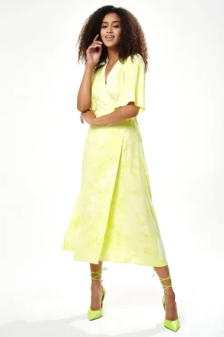 Women's Midi Wrap Dress in Vibrant Yellow with Kimono Sleeves - Elegant Style by Liquorish