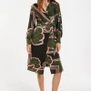 Women's Midi Wrap Dress in Dark Green with Long Sleeves and Geometric Floral Print by Liquorish
