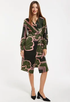 Women's Midi Wrap Dress in Dark Green with Long Sleeves and Geometric Floral Print by Liquorish