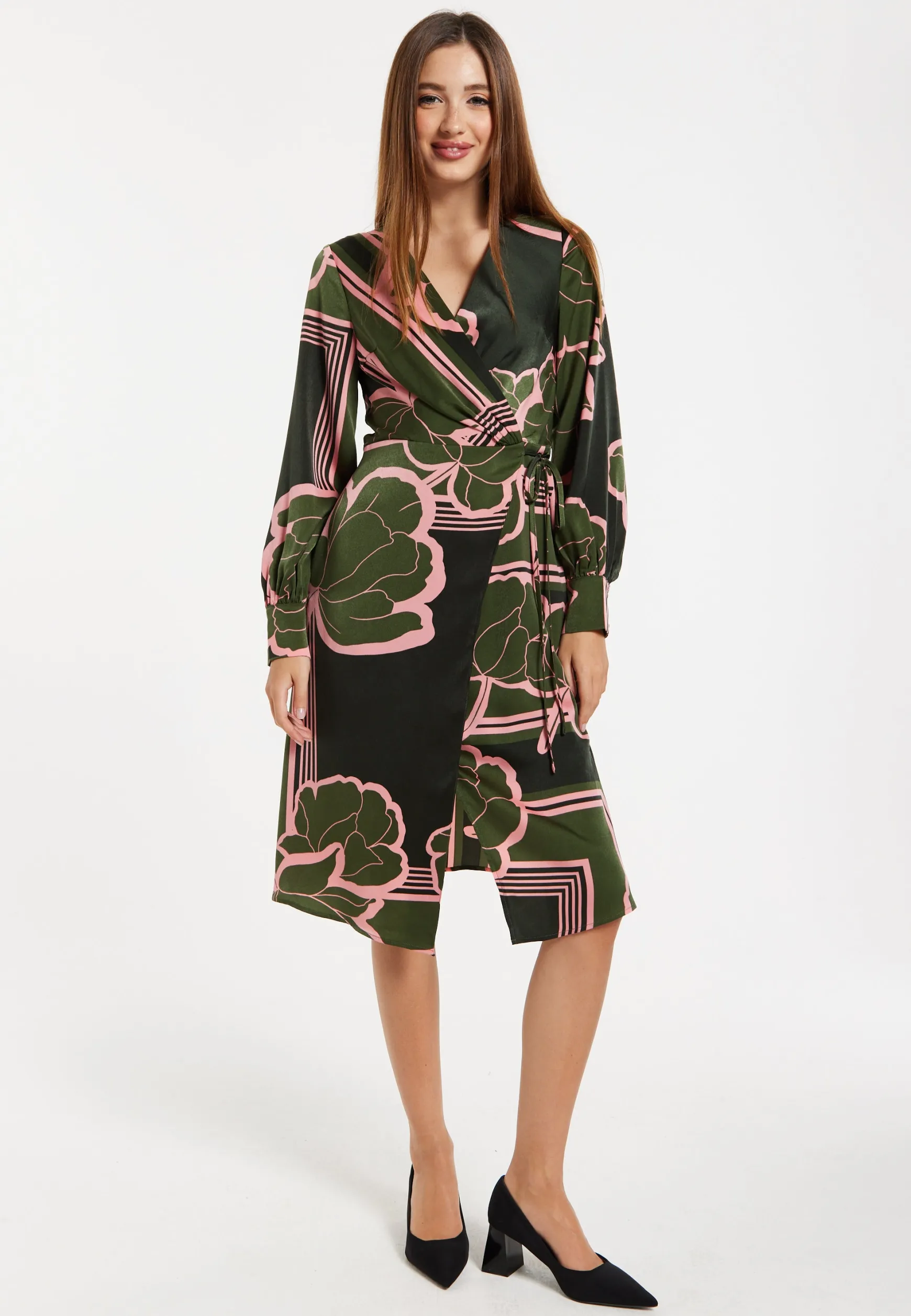Women's Midi Wrap Dress in Dark Green with Long Sleeves and Geometric Floral Print by Liquorish