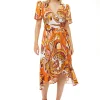 Women's Midi Wrap Dress in Vibrant Orange Floral with Short Sleeves - Stylish Design by Liquorish