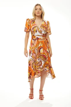 Women's Midi Wrap Dress in Vibrant Orange Floral with Short Sleeves - Stylish Design by Liquorish