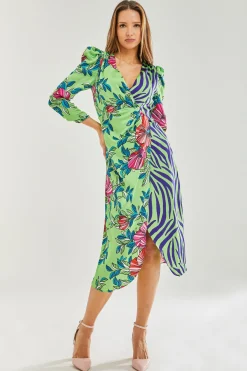 Women's Midi Wrap Dress in Green Floral and Animal Contrast Print - Long Sleeves with Waist Wrap Detail by Liquorish