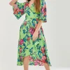 Women's Midi Wrap Dress in Green with Flared Sleeves - Elegant Floral Design by Liquorish