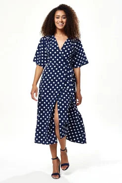Women's Midi Wrap Dress in Navy with Kimono Sleeves - Chic Big Polka Dot Design by Liquorish