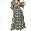 Women's Midi Wrap Dress in Khaki with Kimono Sleeves - Chic Polka Dot Design by Liquorish