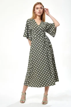 Women's Midi Wrap Dress in Khaki with Kimono Sleeves - Chic Polka Dot Design by Liquorish