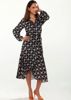Women’s Midi Wrap Dress in Black & White with Full Length Balloon Sleeves - Liquorish