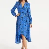 Women's Midi Wrap Dress in Cobalt Blue with Full-Length Sleeves - Artistic Floral Design by Liquorish