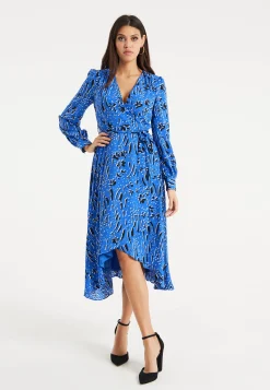 Women's Midi Wrap Dress in Cobalt Blue with Full-Length Sleeves - Artistic Floral Design by Liquorish