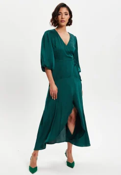Women's Midi Wrap Dress in Dark Green with Short Puff Sleeves - Elegant Design by Liquorish