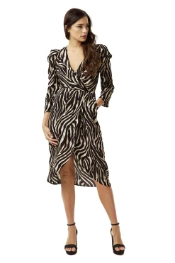 Women's Midi Wrap Dress in Zebra Print with Long Sleeves - Stylish Crossover Design for Every Occasion - Liquorish